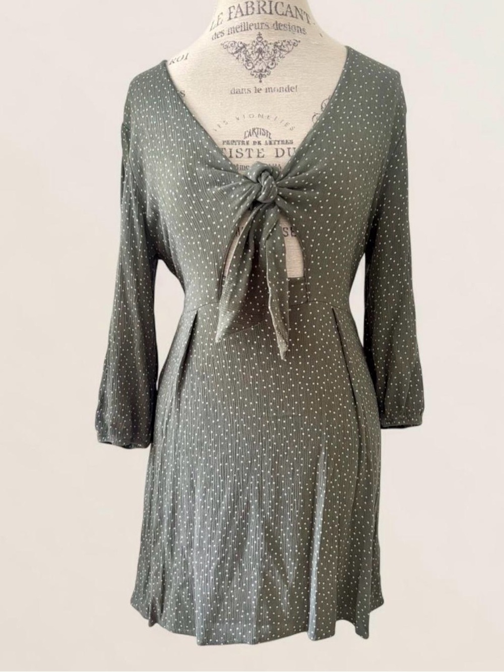 Dynamite Olive Green Polka Dot Tie-Front Mini Dress